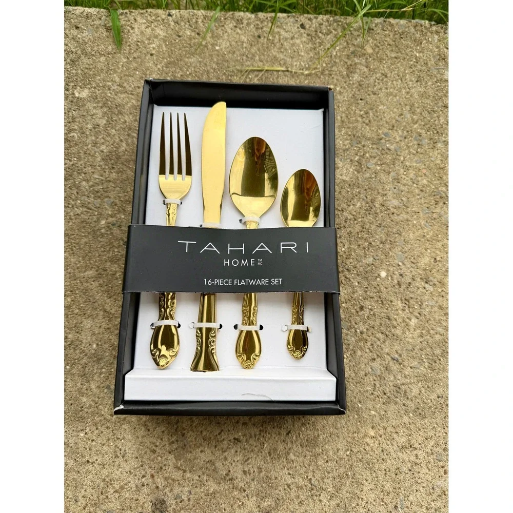 Tahari Home 16 Piece Flatware Set Gold Stainless Steel Service for 4 Ornate New